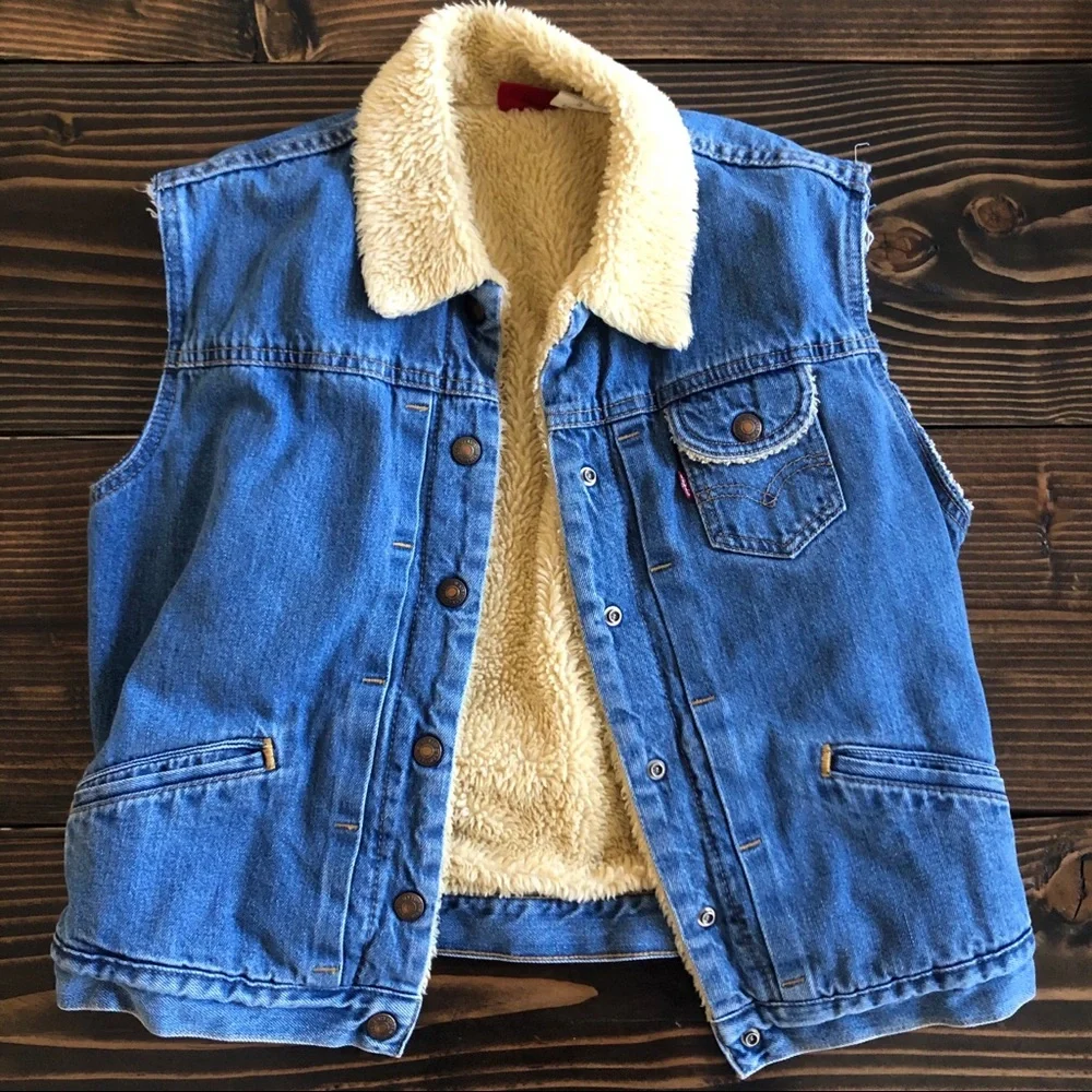 Levi's Blue Denim Sherpa-Lined Vest with Cream Collar